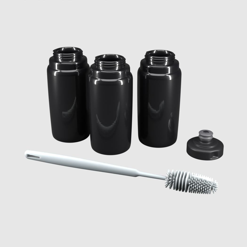 Pack 3x1 bidones 550 ml negro: 1 tapa Ultra, 3 botellas y cepillo de regalo
