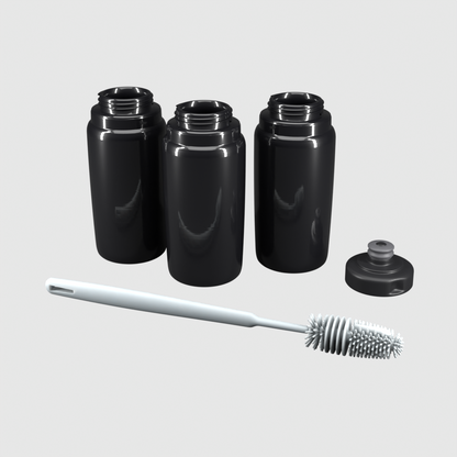 Pack 3x1 bidones 550 ml negro: 1 tapa Ultra, 3 botellas y cepillo de regalo