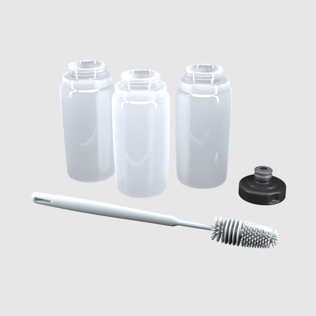 Pack 3x1 bidones 550 ml semitransparente: 1 tapa Ultra, 3 botellas y cepillo de regalo