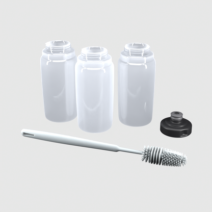 Pack 3x1 bidones 550 ml semitransparente: 1 tapa Ultra, 3 botellas y cepillo de regalo