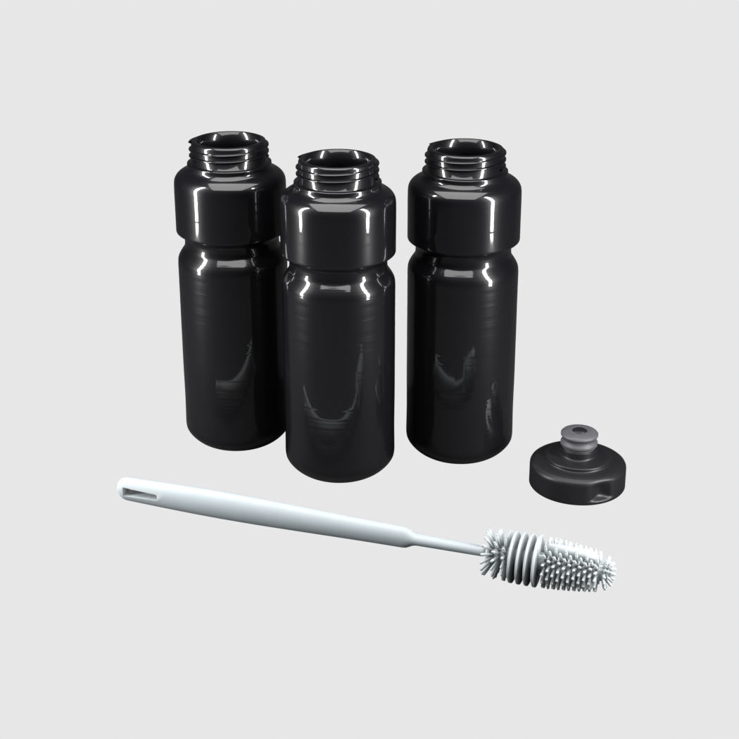 Pack 3x1 bidones 750 ml negro: 1 tapa Ultra, 3 botellas y cepillo de regalo