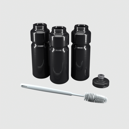 Pack 3x1 bidones 750 ml negro: 1 tapa Ultra, 3 botellas y cepillo de regalo