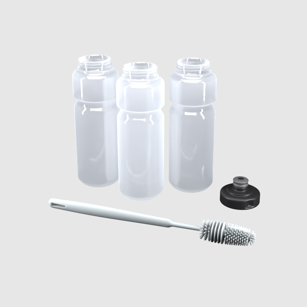 Pack 3x1 bidones 750 ml semitransparente: 1 tapa Ultra, 3 botellas y cepillo de regalo