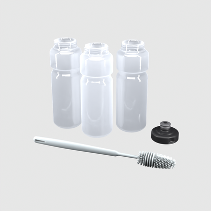 Pack 3x1 bidones 750 ml semitransparente: 1 tapa Ultra, 3 botellas y cepillo de regalo