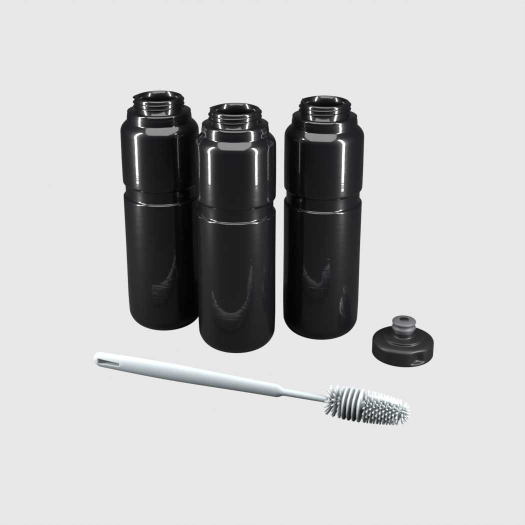Pack 3x1 bidones 950 ml negro: 1 tapa Ultra, 3 botellas y cepillo de regalo