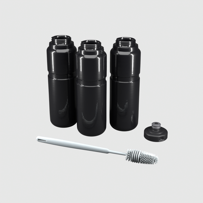 Pack 3x1 bidones 950 ml negro: 1 tapa Ultra, 3 botellas y cepillo de regalo