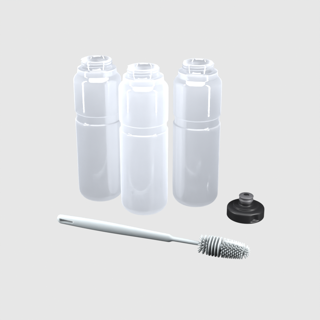 Pack 3x1 bidones 950 ml semitransparente: 1 tapa Ultra, 3 botellas y cepillo de regalo