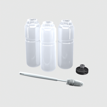 Pack 3x1 bidones 950 ml semitransparente: 1 tapa Ultra, 3 botellas y cepillo de regalo